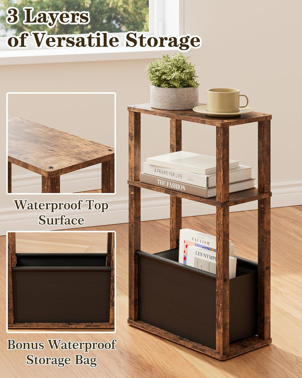 Narrow Side Table, 3-Tier Night Stand with Storage Bag, Skinny Nightstand for...