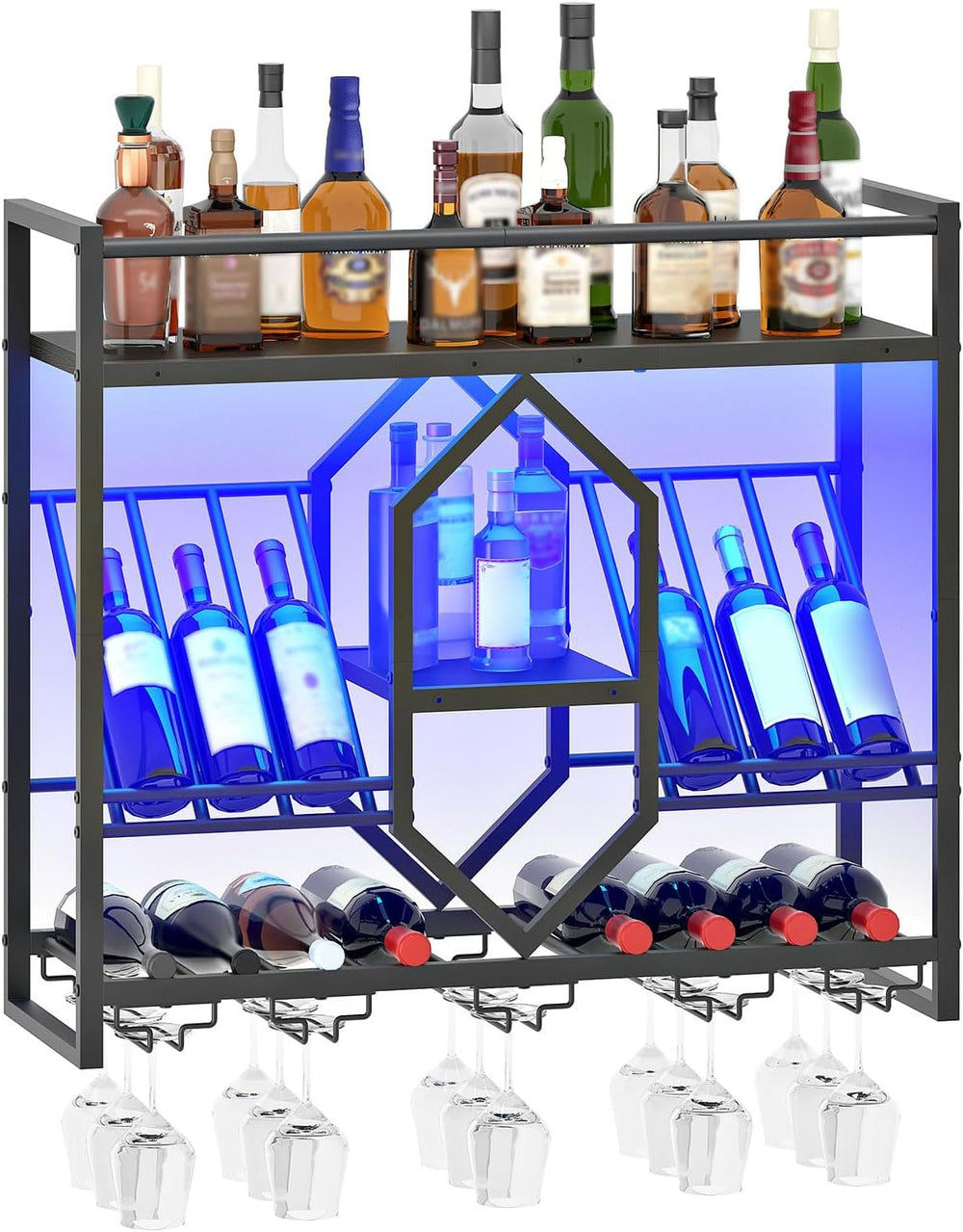 HOOBRO Wall Mounted Wine Rack with LED Light, 31.5" Wine Shelf, 3 Tier W...