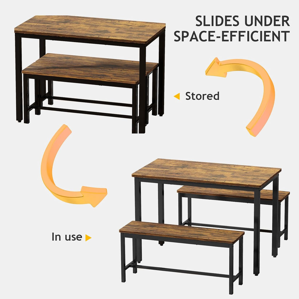 Rovibek Dining Table Set for 4 with 2 Benches – Space-Saving Kitchen Table Set for Kitchen & Dining Room, Rustic