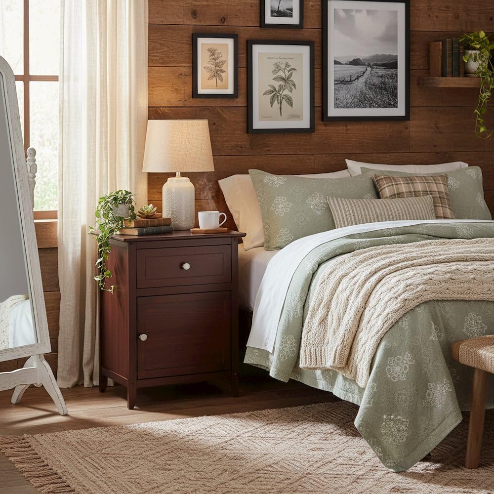 Furnifact Farmhouse End Table in Solid Wood Walnut Finish, Wooden Nightstand ...