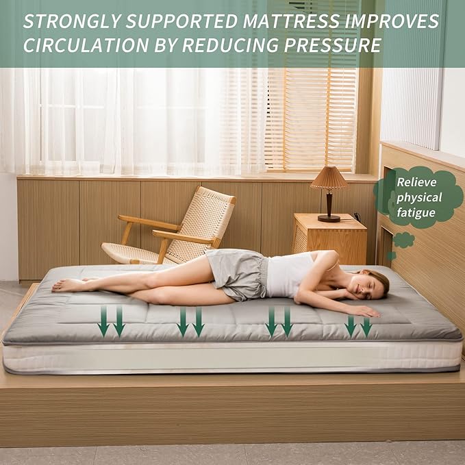 MAXYOYO Futon Mattress, Padded Japanese Floor Mattress Quilted Bed Mattress Topper, Extra Thick Folding Sleeping Pad Breathable Floor Lounger Guest Bed for Camping Couch, Dark Grey, Queen