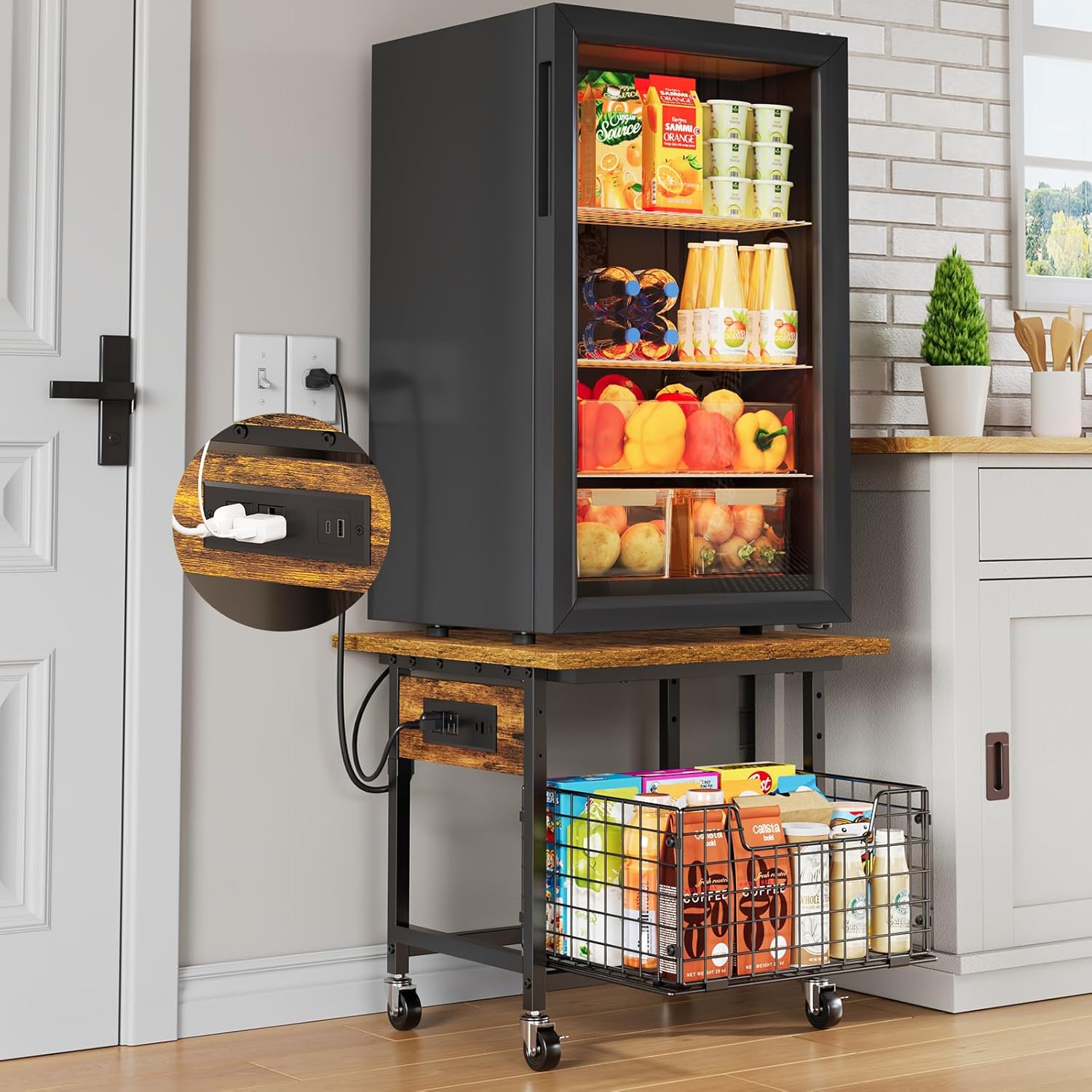 Hongtamoya Mini Fridge Stand with Storage and Power Outlet, Small Refrigerator Stand with Wheels, Mini Fridge Cart-Max Load 300 LBS Heavy Microwave Printer Stand Utility Cart for Dorm,Kitchen, Office