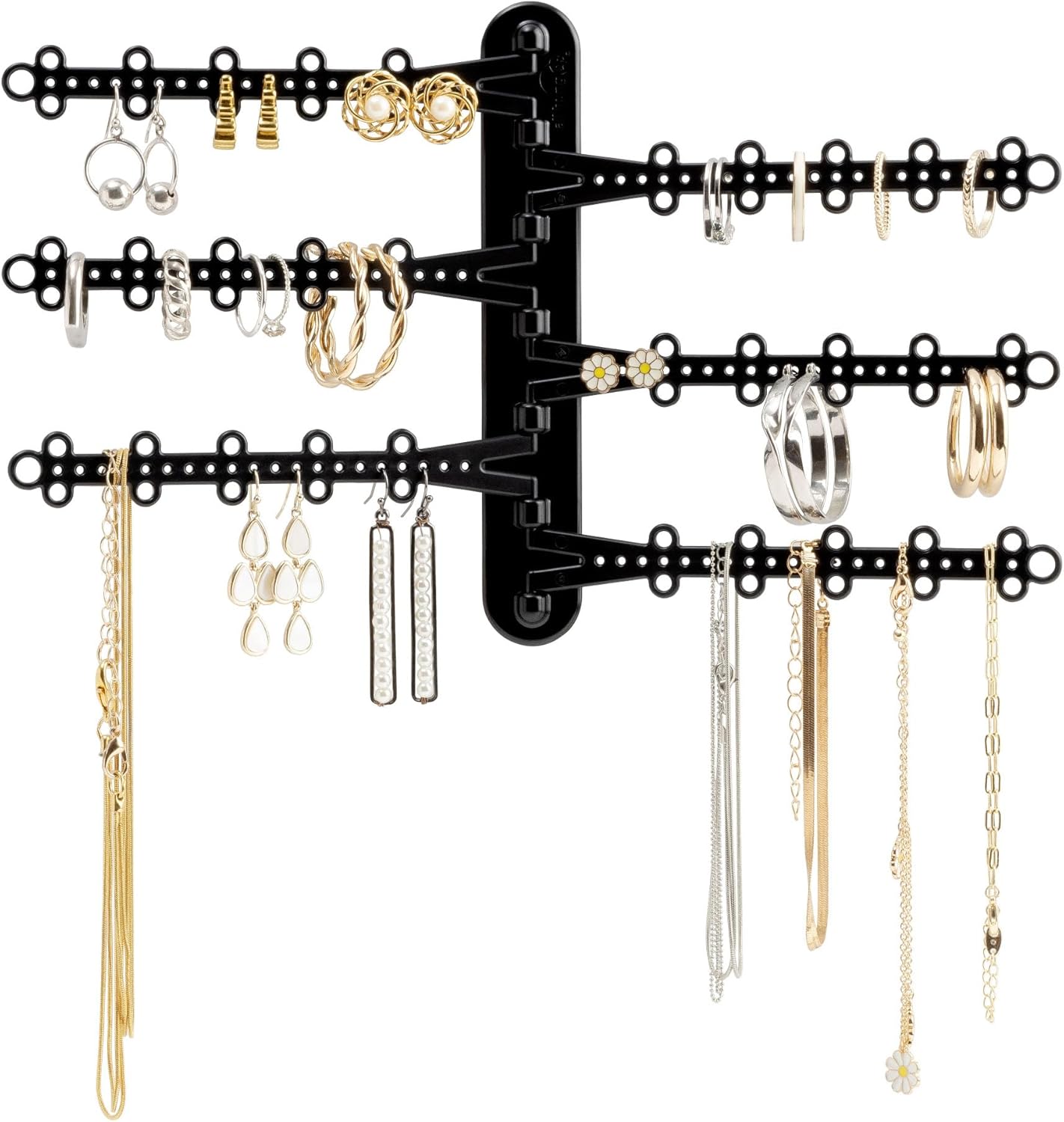 6-Tier Hanging Wall Jewelry Organizer, Earring, Necklace, Ring Holder-Black | Large Capacity with 120 Earring Holes, Rotating Branches, Includes 3M Command Strips, Bracelet, Ring & Necklace Storage