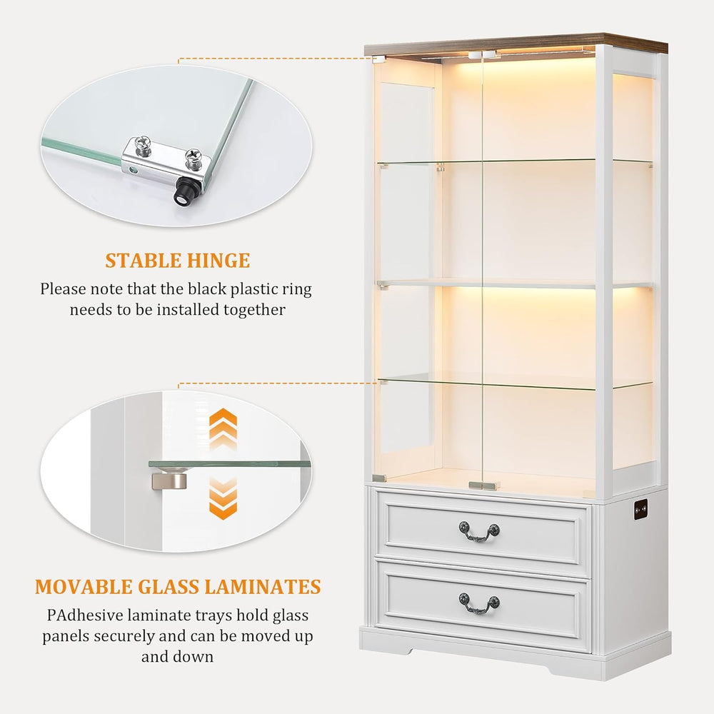 FREDEES 4-Tier Glass Display Cabinet with 2 Drawers