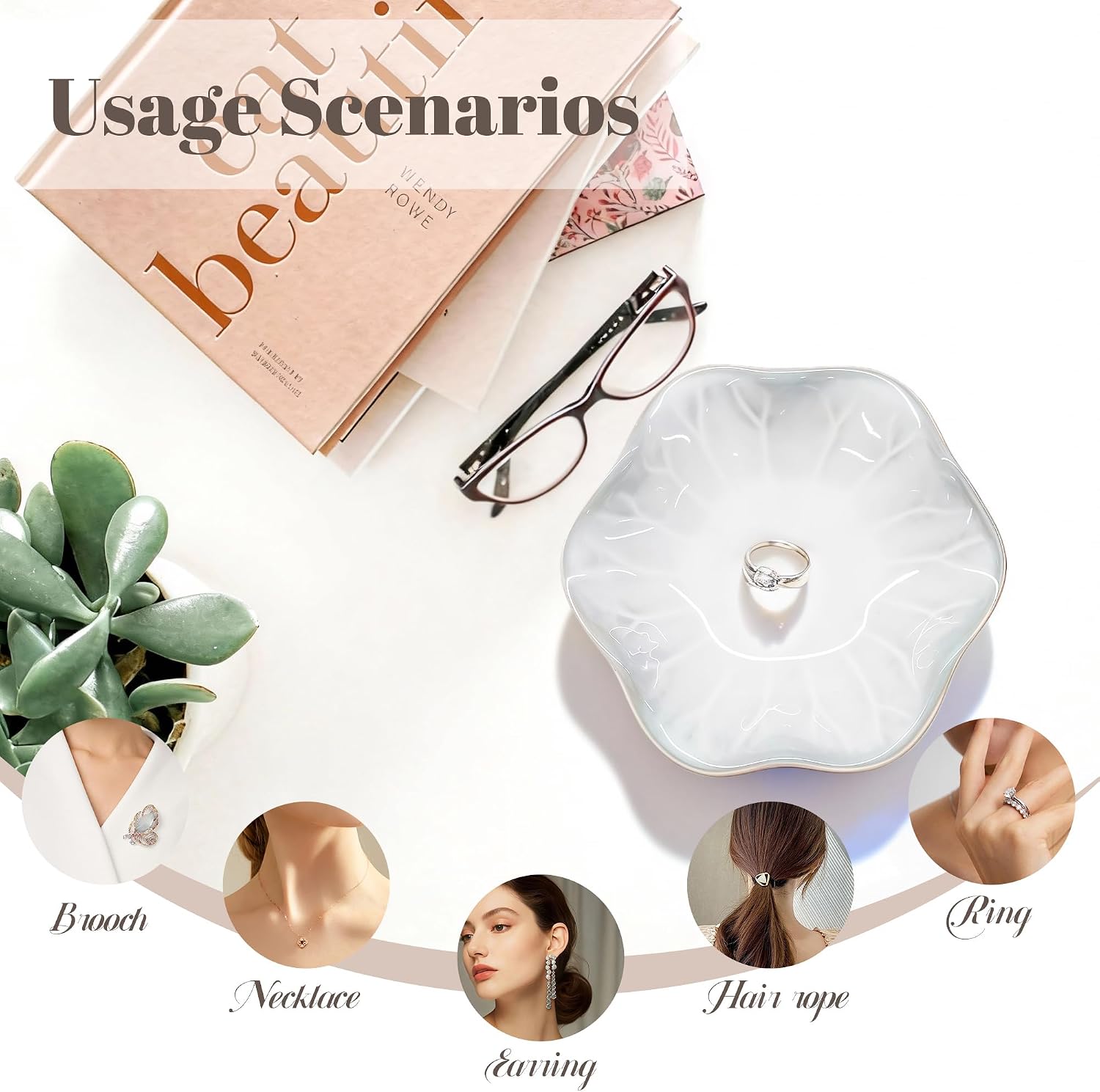 Ceramic Jewelry Tray, Ring Dish, Key Bowl Ceramic Tray 4.33 Inch, Ttrinket Dish Jewelry Dish, Desktop Decoration, Gifts for Mother Girlfriend Daughter(1Pcs-Lotus Leaf)