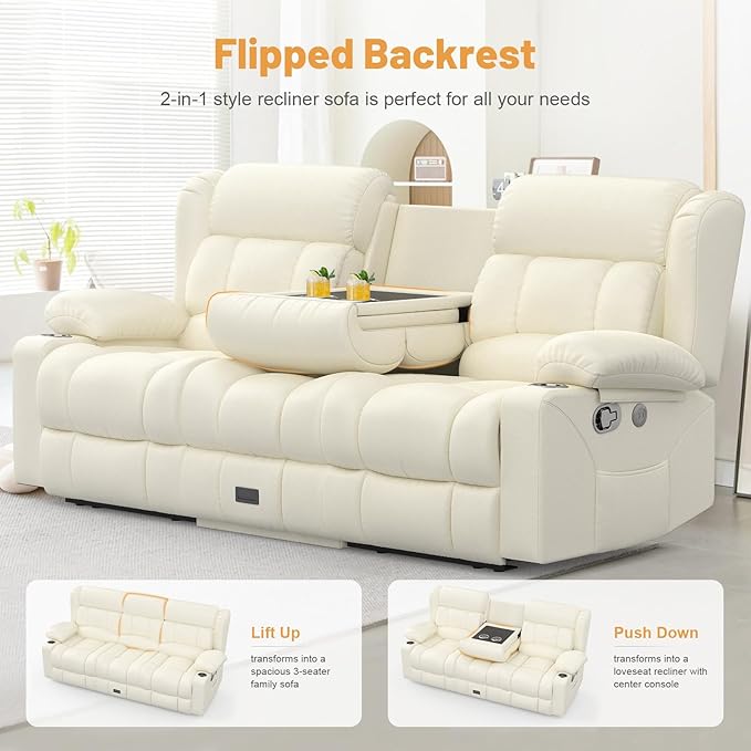 Recliner Sofa Set, Flip Middle Backrest Design PU Leather 3 Seater Reclining Sofa and 2PC Single Recliner Chair, Manual Couches for Living Room (Ivory, PU 3+1+1)