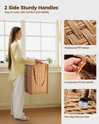 Greenstell Laundry Hamper with Wheels, No Install Needed, 90L Divided Handwoven Hampers & 2 Removable Liner Bags, Synthetic Rattan Clothes Laundry Basket with Lid & Handles, Foldable Hampers Natural