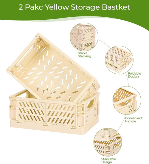 2-Pack Small Pastel Plastic Storage Baskets, Collapsible Crates for Organizing, Space-Saving Mini Bins for Classroom, Kitchen, Office, Bedroom (Yellow, 9.8" x 6.5" x 3.8")