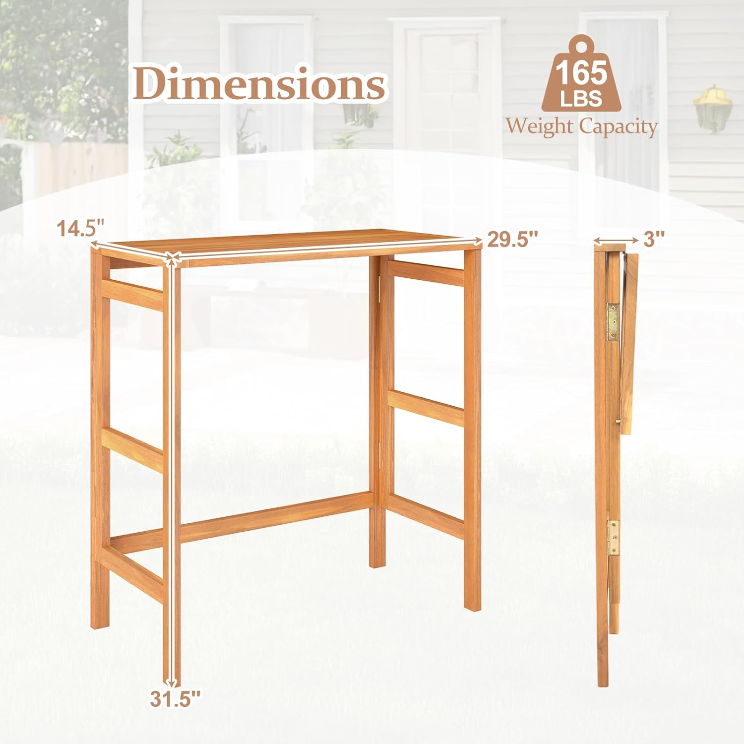 Tangkula Acacia Wood Outdoor Folding Bar Table, Patio Rectangle Counter Height Pub Table with Slatted Tabletop, for Balcony, Backyard Garden and Poolside