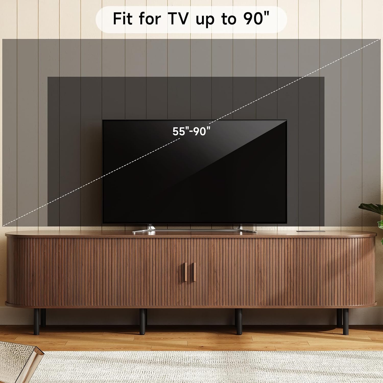 86.6" TV Stand with Power Outlet for TVs up to 90 Inch, Entertainment Center with Storage and Adjustable Shelves, Modern Media Console with Sliding Doors for Living Room, Walnut