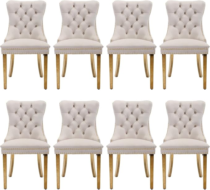 Velvet Upholstered Dining Chairs Set of 8, Modern Style Kitchen Side Chairs with Nailhead Trim and Gold Plated Leg, Metal Pulling Ring for Dining Room Living Room(Beige)