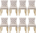 Velvet Upholstered Dining Chairs Set of 8, Modern Style Kitchen Side Chairs with Nailhead Trim and Gold Plated Leg, Metal Pulling Ring for Dining Room Living Room(Beige)