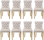 Velvet Upholstered Dining Chairs Set of 8, Modern Style Kitchen Side Chairs with Nailhead Trim and Gold Plated Leg, Metal Pulling Ring for Dining Room Living Room(Beige)