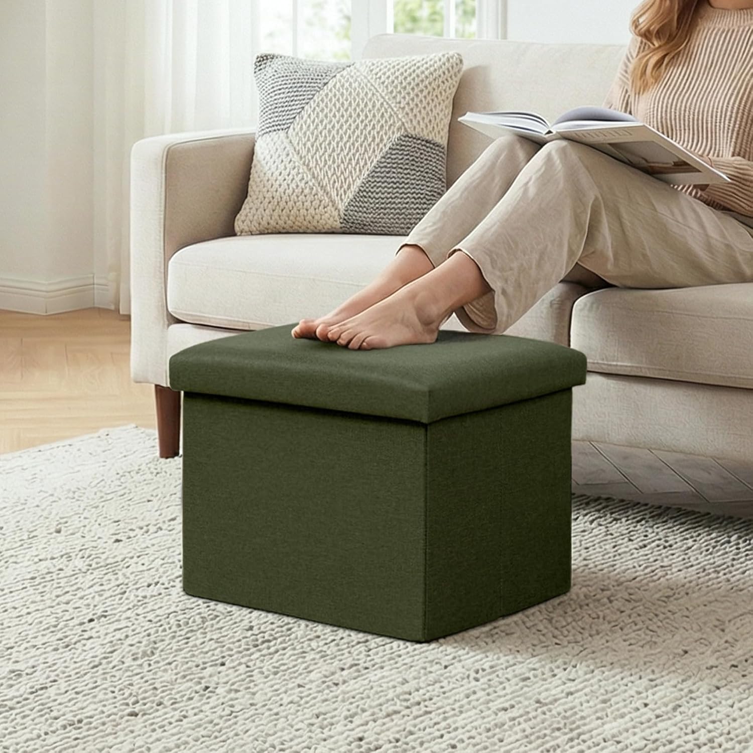 16.5 Inch Small Rectangular Storage Ottoman, Collapsible Footrest | Linen Fabric, Hidden Storage, Foldable Footstool with Padded Lid, Compact Size for Living Room, Bedroom and Dorm, Olive Green
