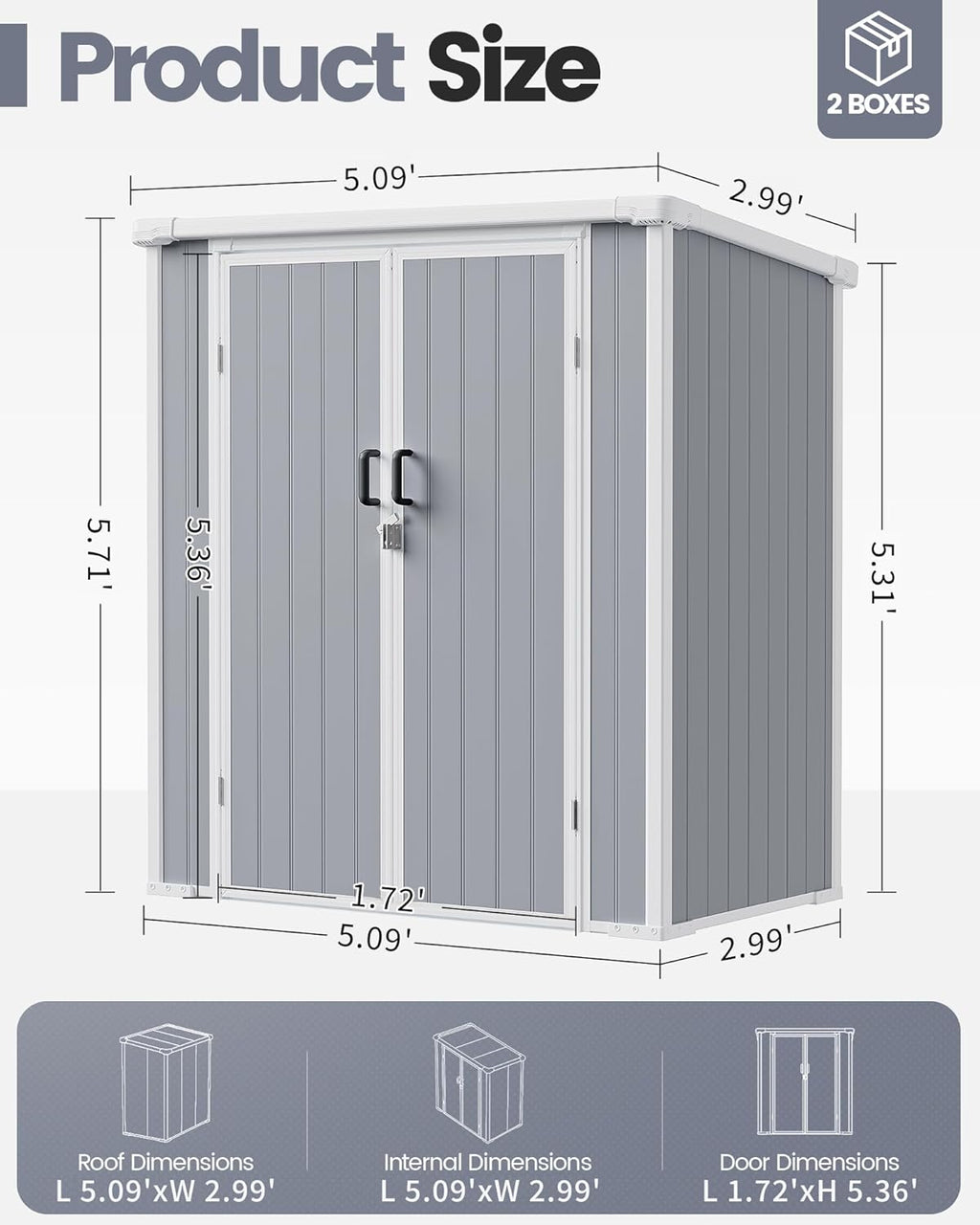 5x3 ft Outdoor Storage Shed with Floor, All-Weather Resin Tool Shed with 2 Shelves, Heavy-Duty Garden Shed for Yard, Bicycle, and Lawn Equipment, Easy Assembly, Aritic Light Gray