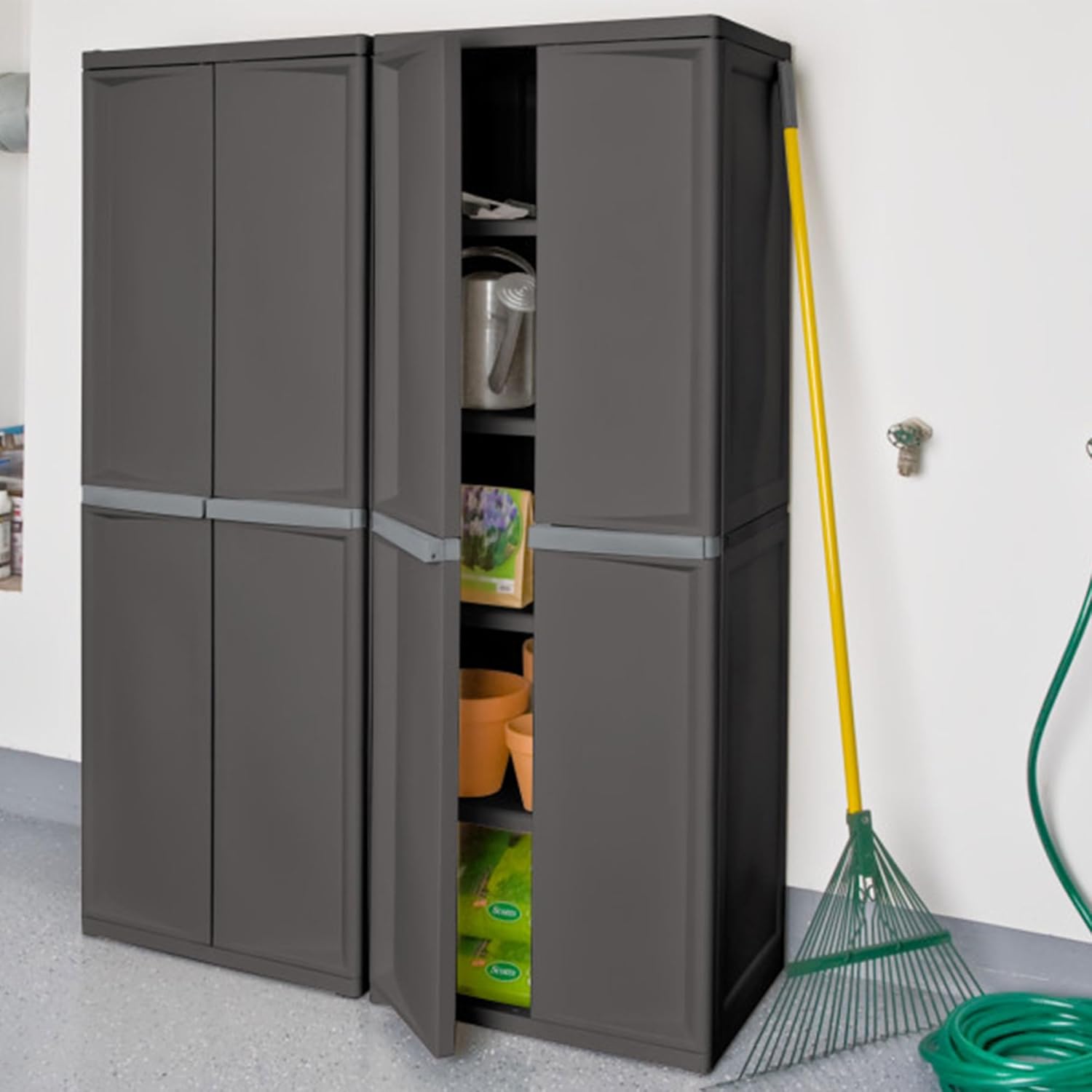 Sterilite 4 Shelf Cabinet, Lockable Utility Storage w/ Adjustable Shelves, Gray - Plastic Shelving Unit for Organizing Garage, Pantry, Basement, Laundry Room or Mudroom