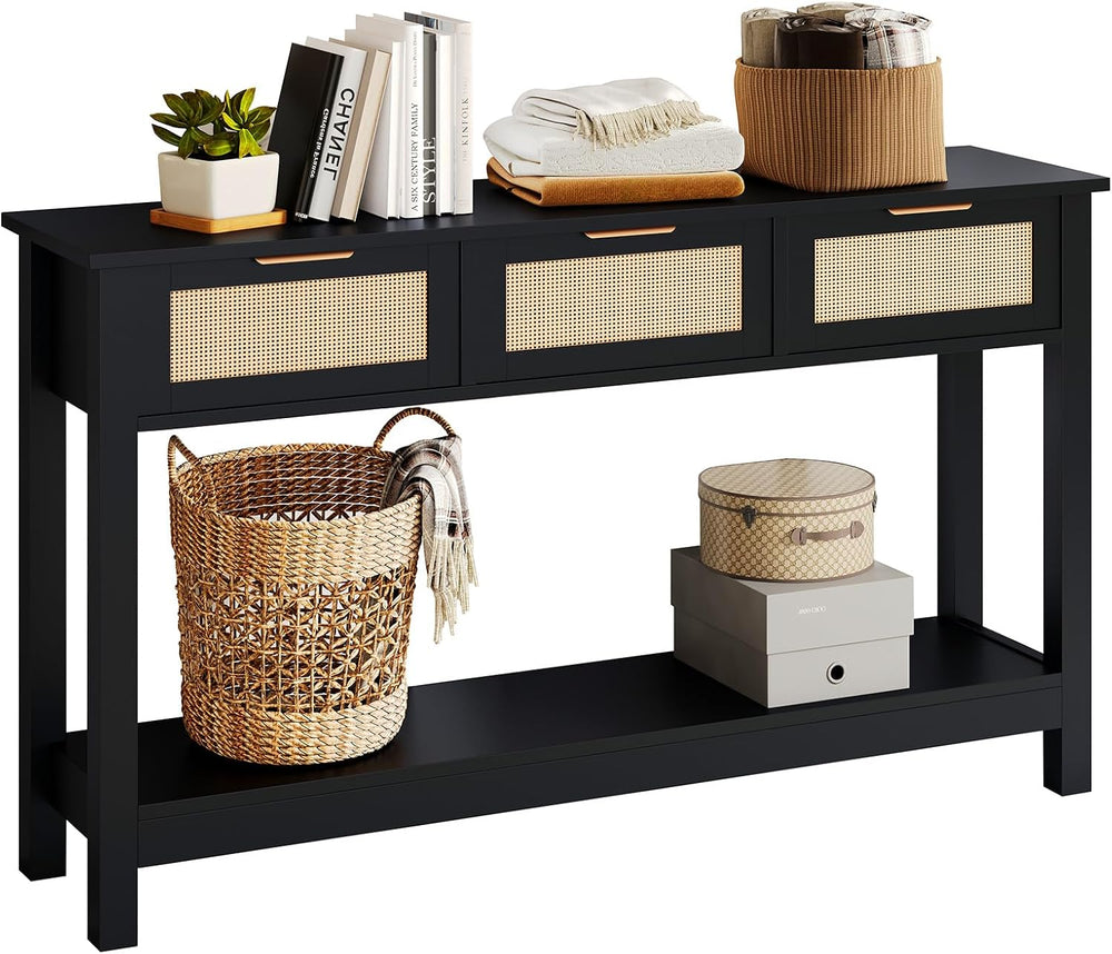 Luoxiao Rattan Console Table 3-Drawer 47" Narrow Black Entryway Sofa Tab...