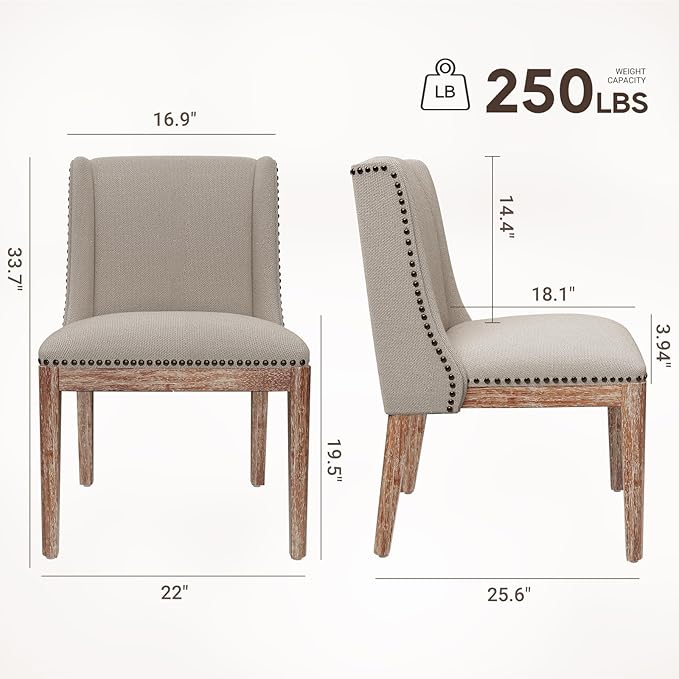 Dining Chair Set of 2, Fabric Upholstered Kitchen Side Chairs with Wooden Legs for Kitchen & Restaurant Use, Beige