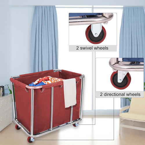 10 Bushels Laundry Cart Commercial/Home,Heavy Duty Large Stainless Steel Rolling Laundry Basket with Wheels，for Laundry Organizer and Storage,260LBS Load (Red)