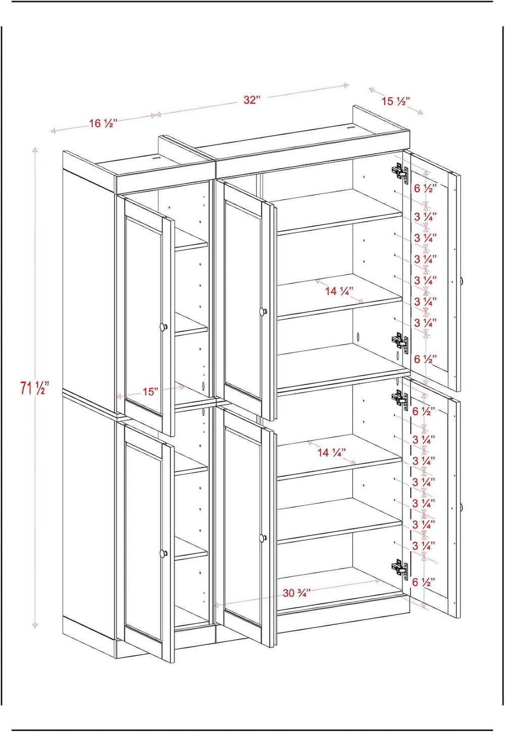 Palace Imports Solid Wood Kitchen Pantry Cabinet 71.5" Tall, 48.5" ...