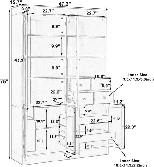47.2x15.7x75 Inches Tall Kitchen Pantry Cabinet, Freestanding Sideboard Buffet Cabinet with Hutch, 4 Drawers, Door Shelves, and Pull-out Trays, Pantry Cupboard for Dining room, Living Room, White