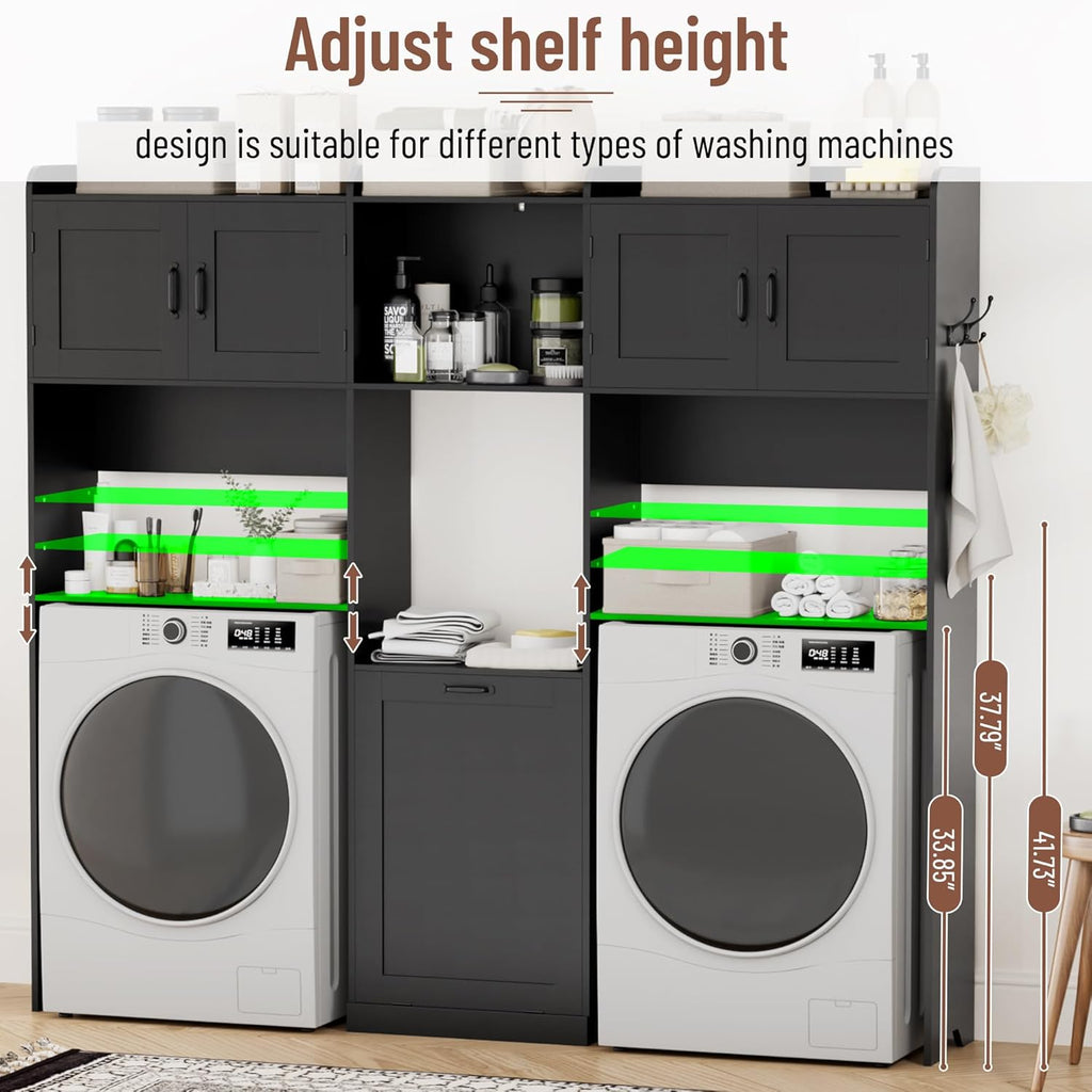 Over The Washer and Dryer Storage Cabinet, Laundry Room Organizer Standing Shelf with Tilt-Out Laundry Hamper Cabinet and Hooks, Space Saving Laundry Room Cabinets