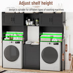 Over The Washer and Dryer Storage Cabinet, Laundry Room Organizer Standing Shelf with Tilt-Out Laundry Hamper Cabinet and Hooks, Space Saving Laundry Room Cabinets