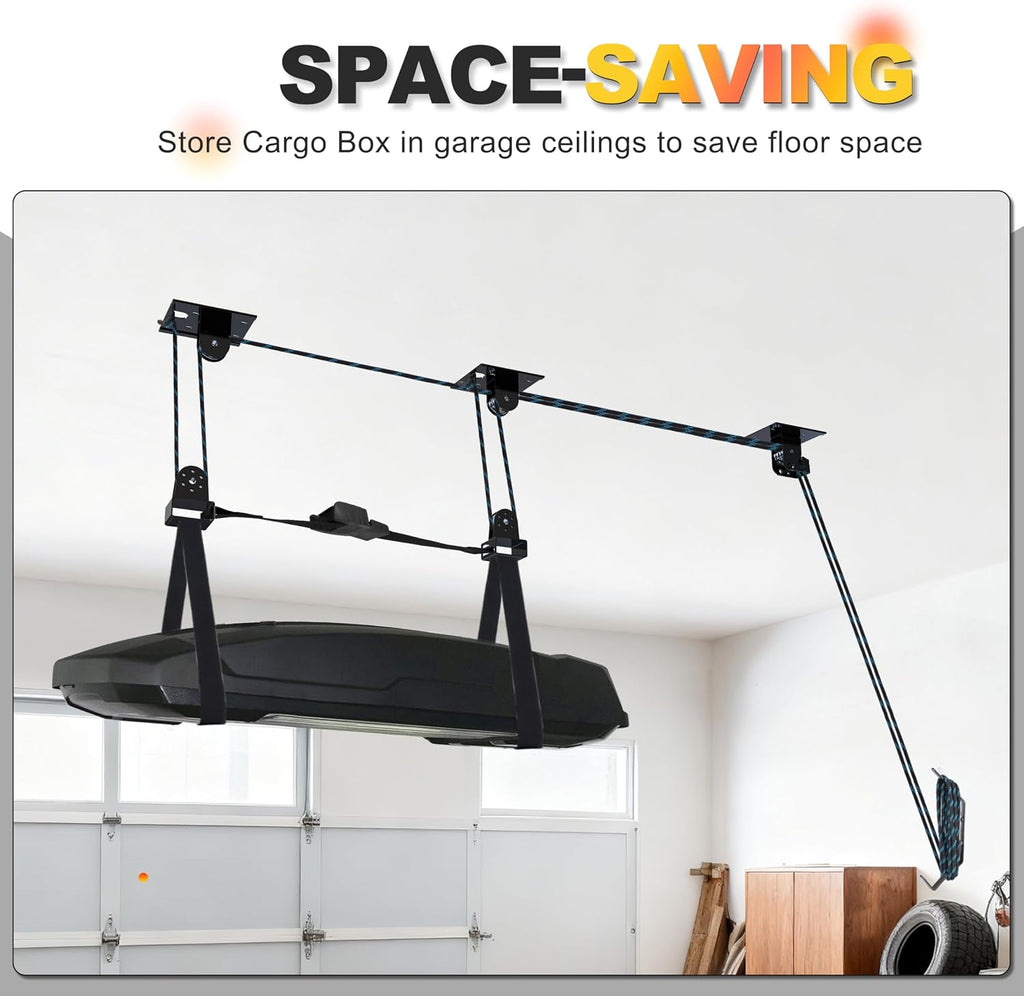 Hikeen Ceiling Hoist for Cargo Box, Heavy Duty Garage Storage Lift Pulley System Holds Up to 150 lbs Capacity, Fits 10-14 Foot Tall Garage Ceilings