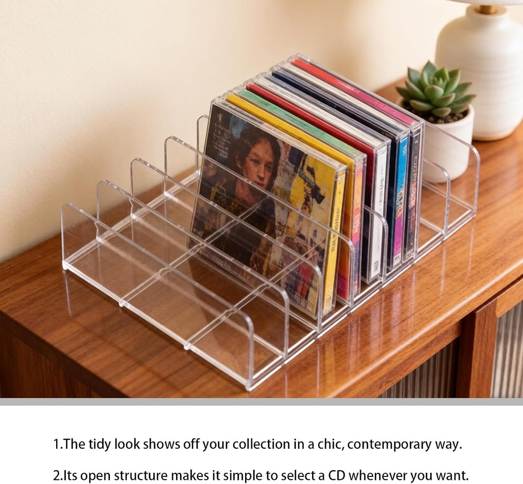 2Pk Acrylic CD Rack Clear, DVD Vinyl Record Display Stand | Scratch-Resistant Thickened Acrylic — Holds 14 Standard CD Cases Each (28 Total),fits Cassettes& Makeup Storage