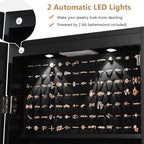 COSTWAY Wall Mounted Jewelry Armoire with Full Length Mirror & 2 LED Lights, Large Storage Capacity, Lockable Mirror Jewelry Cabinet for Women Girls (Black)