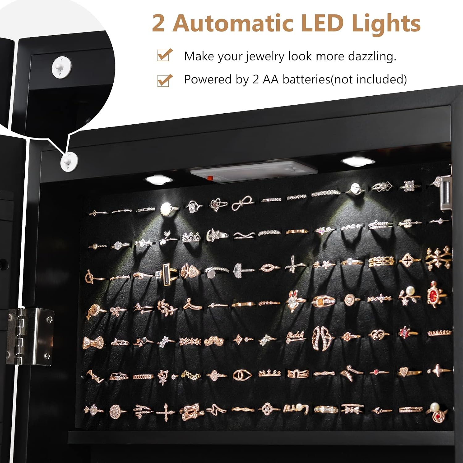COSTWAY Wall Mounted Jewelry Armoire with Full Length Mirror & 2 LED Lights, Large Storage Capacity, Lockable Mirror Jewelry Cabinet for Women Girls (Black)