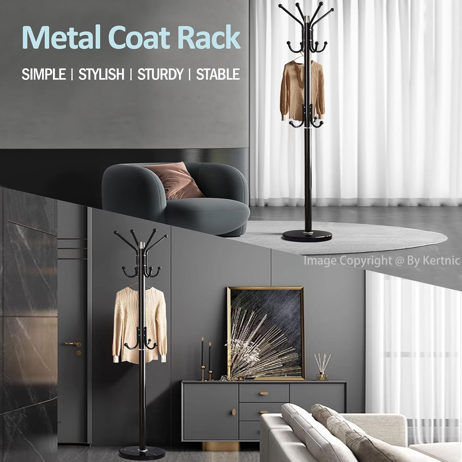 Kertnic Modern Coat Rack Freestanding with Natural Marble Base & Sturdy Metal Frame, 11 Hooks Hall Tree for Jackets, Hats, Bags, Entryway Organizer for Bedroom, Living Room, Closet (11 hooks-Black)