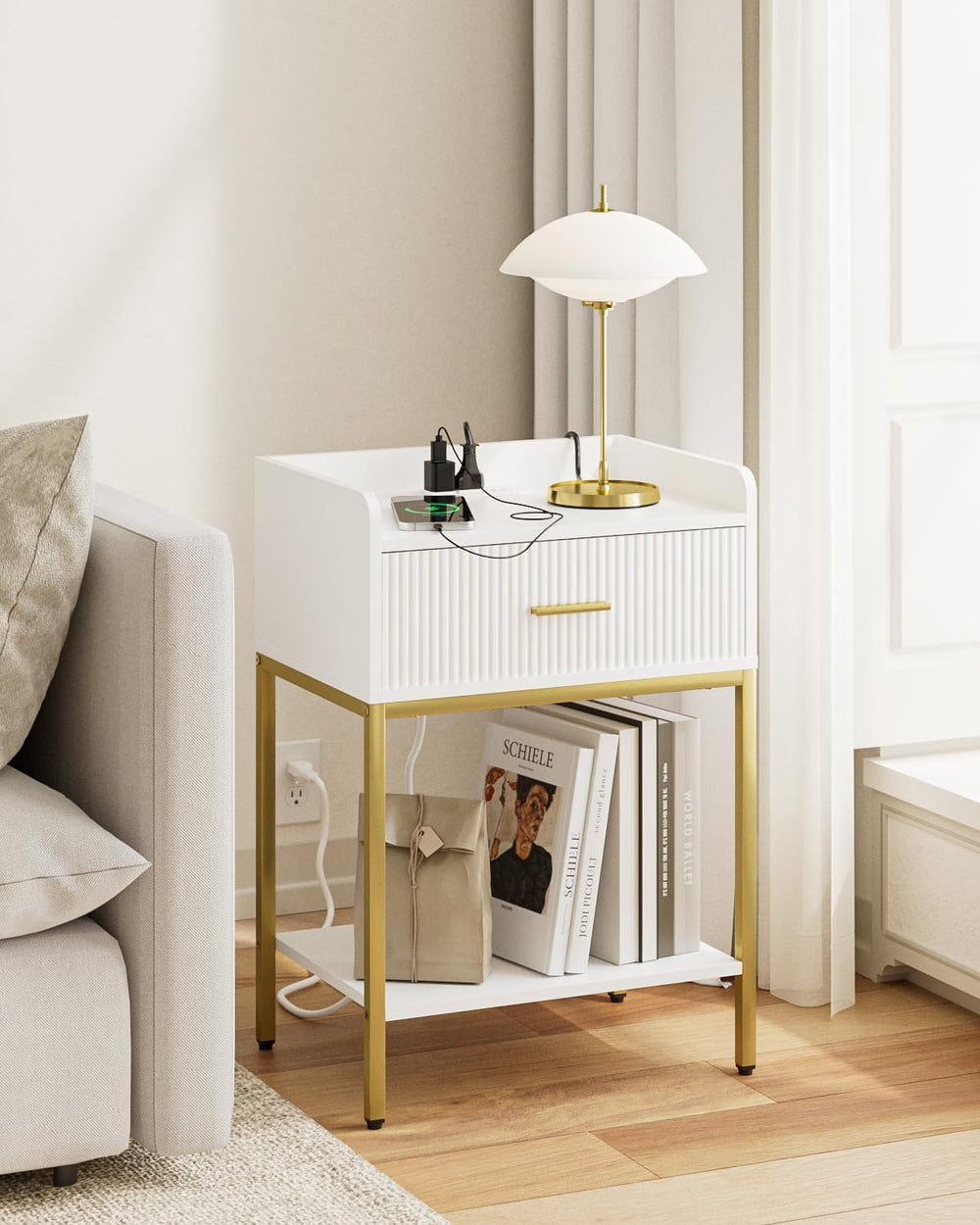 Nightstand with Charging Station, 3-Tier Bed Side Table, Small End Table, Nig...