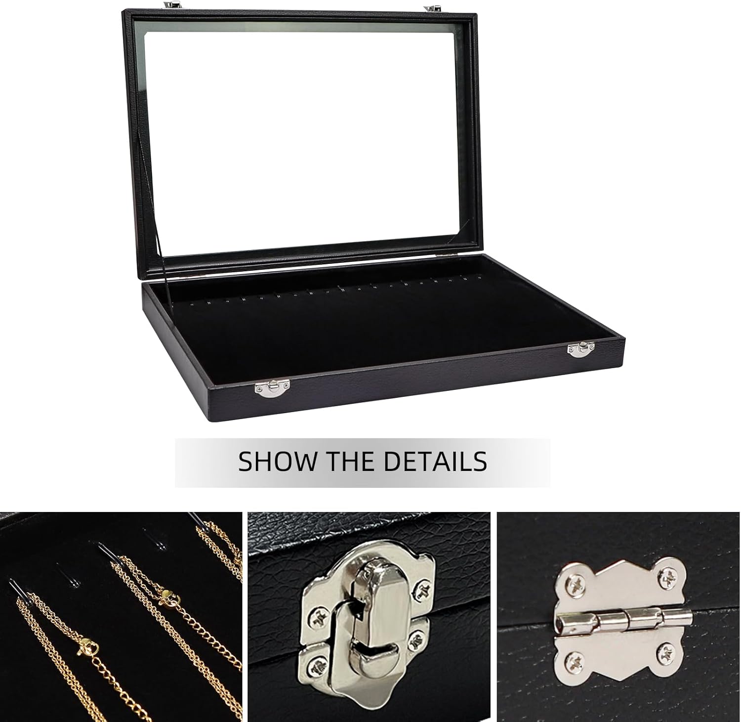 Wudygirl Necklace Organizer 20 Hooks Jewelry Organizer Jewelry Display Stackable Glass Top Lockable Black Velvet Boxes(Necklace Tray)
