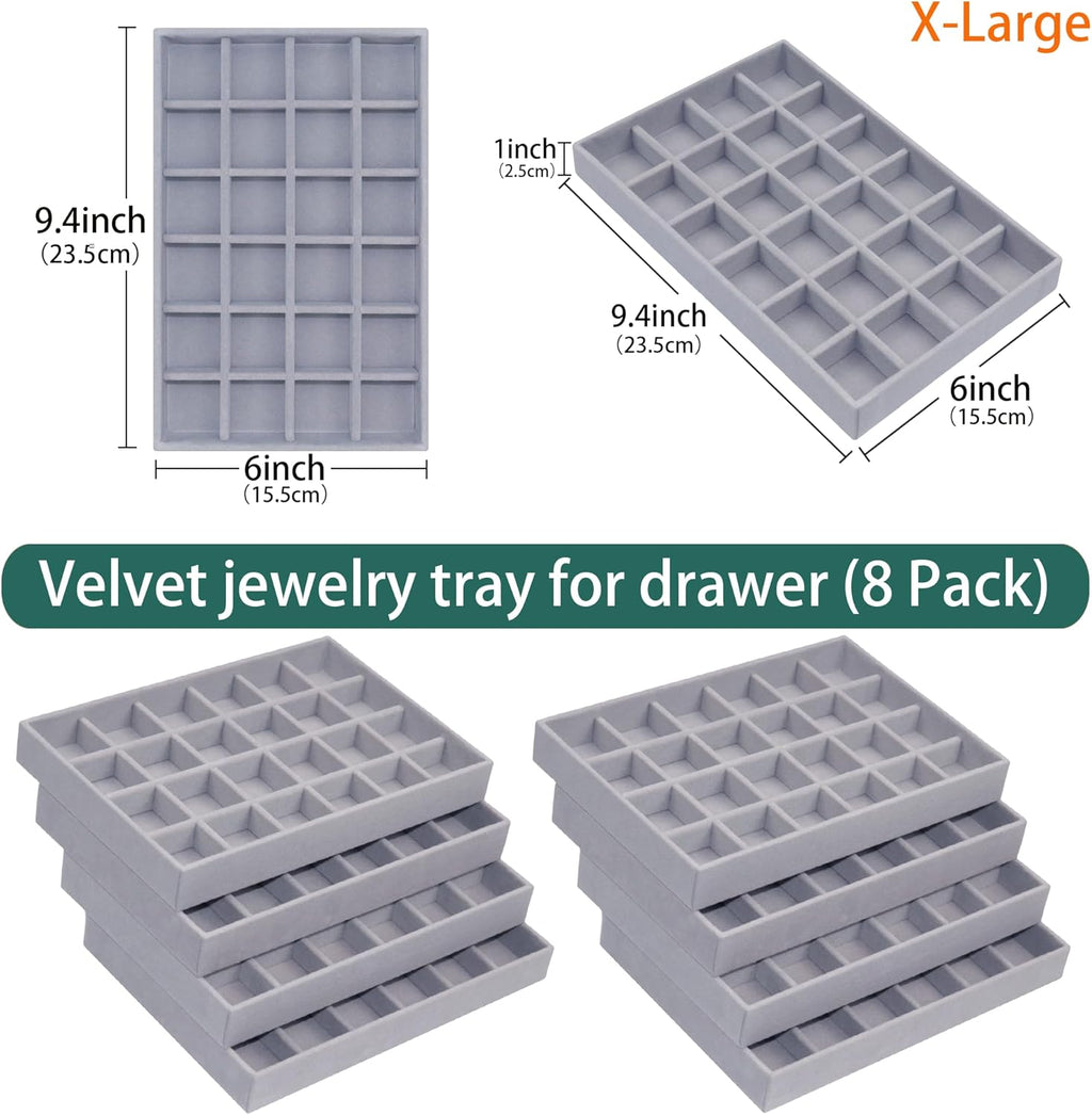 Stackable Jewelry Organizer Tray 24-Grid Velvet Jewelry Drawer Inserts Earring Organizer for Women Jewelry Display Box Case for Earring Rings Stud Necklaces (Set of 8, Grey