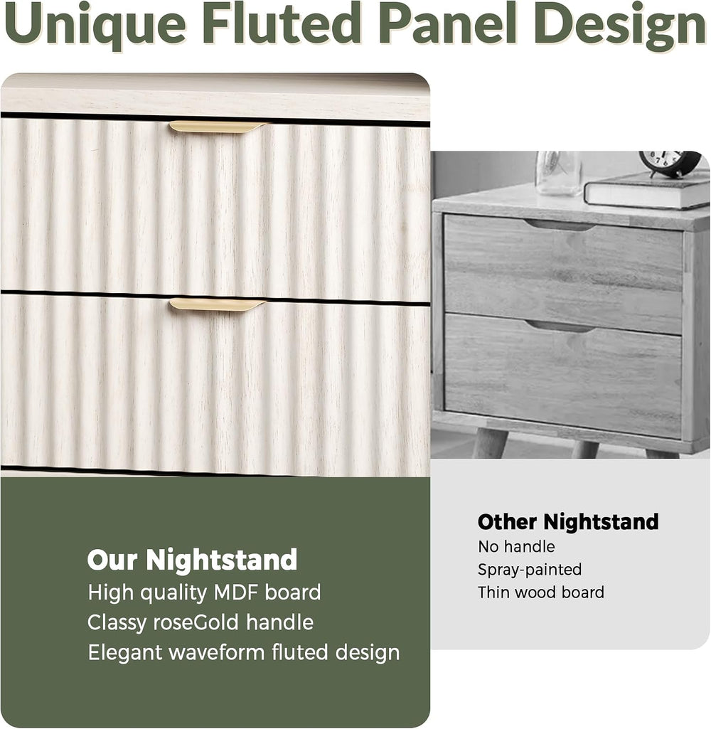 ROCSUMOO Fluted Nightstands Set of 2, Large Nightstand with Drawers and Stora...