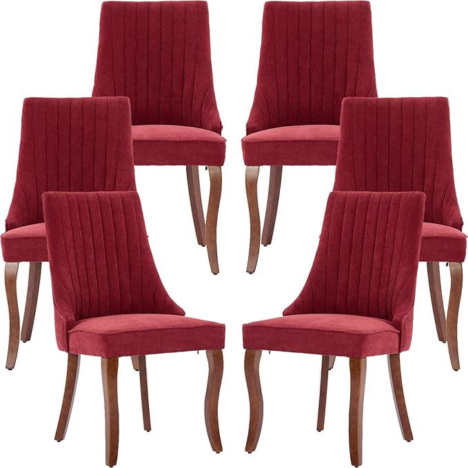 Burgundy Mid Century Dining Chairs Set of 6, Modern Kitchen & Dining Room Chairs Set of 6, Linen Upholstered Kitchen Chairs, Sillas de Comedor, Wood Legs (Wine Red, 6 Pcs)