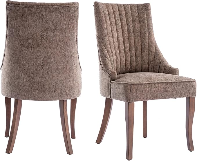 mikibama Linen Dining Chairs Set of 2 Channel Tufted Kitchen Dinner Chair Comfy Fabric Upholstered Accent Chair for Dining Room with Solid Wood Legs (Brown)