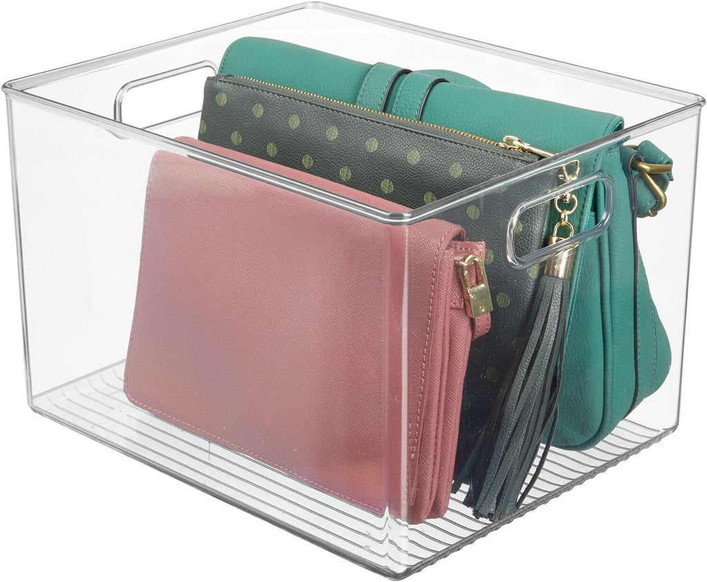 mDesign Plastic Storage Organizer Container Bin, Closet Organization for Hallway, Bedroom, Linen, Coat, and Entryway - Holds Clothing, Blankets, and Accessories, Ligne Collection, 4 Pack, Clear