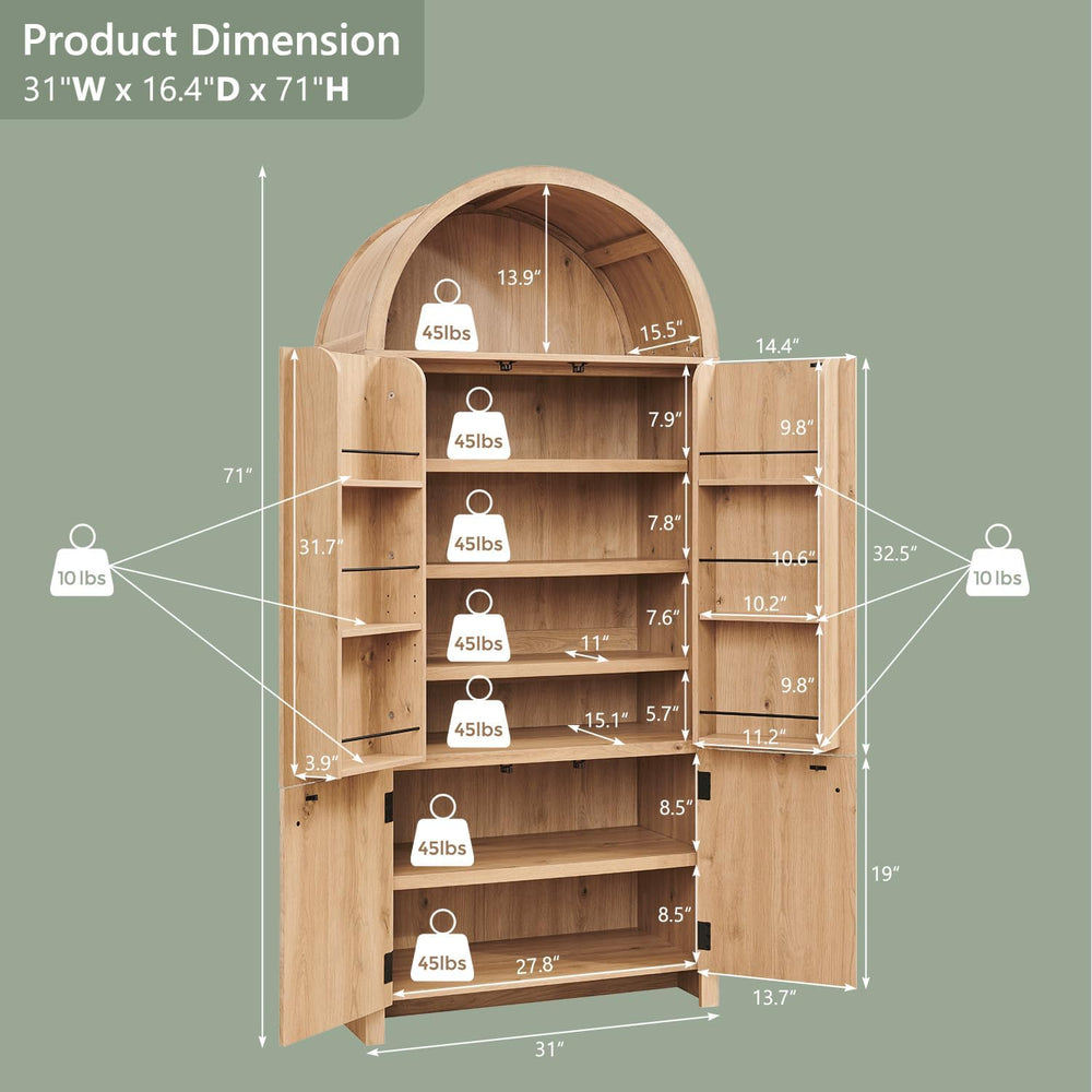 IFGET 71" Tall Arched Kitchen Pantry, Modern Fluted Storage Cabinet,Natu...