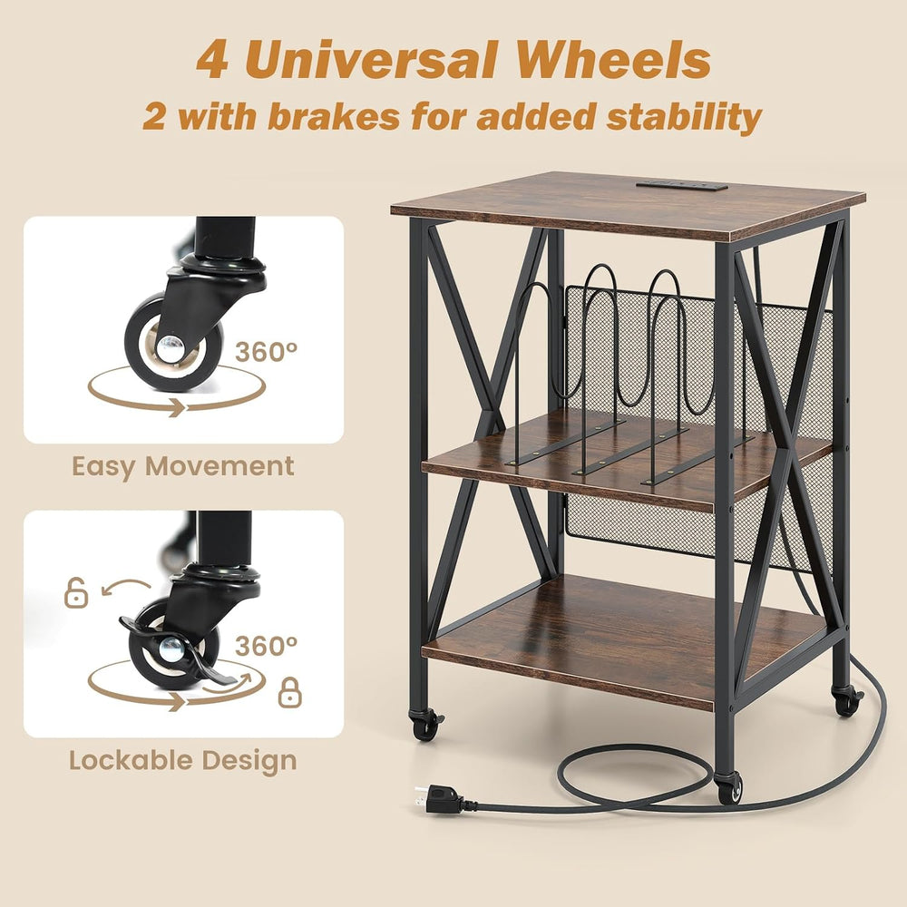 GOFLAME Record Player Stand with Power Outlet, 3-Tier Industrial Rolling Turn...