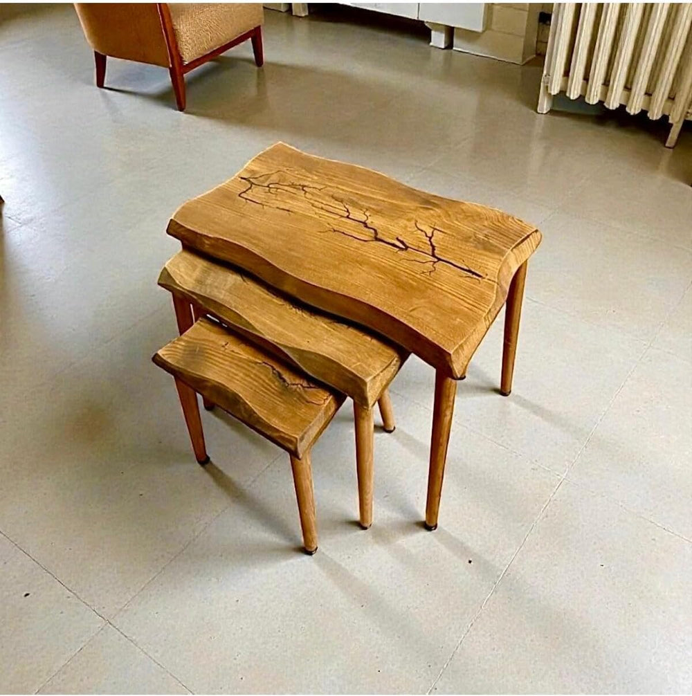 SODEF Handmade Walnut Wood Nesting Side Table Set of 3, Retro Style, Wood Gra...