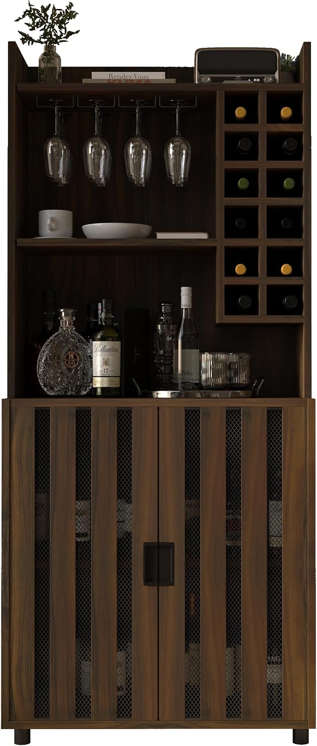 71" Kitchen Pantry Cabinet with 12 Wine Bottle Racks, Kitchen Hutch Food...