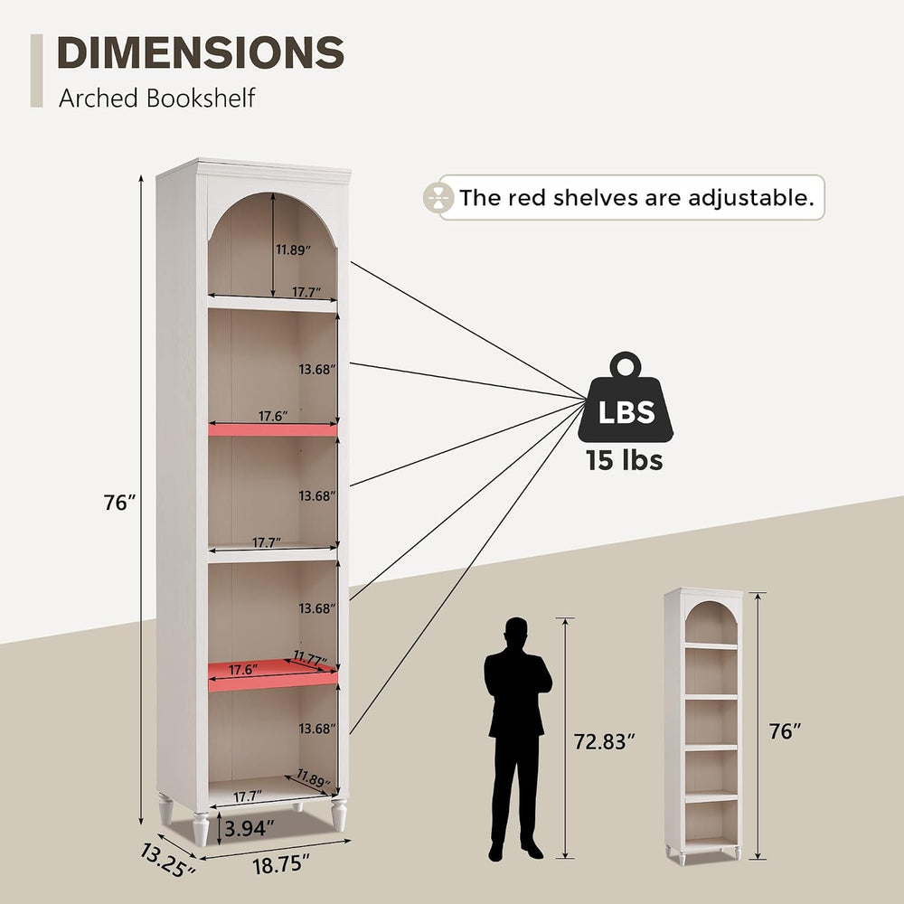 IFGET 76" Tall Arched Bookcase, Farmhouse Narrow Arch Bookshelf, Cream