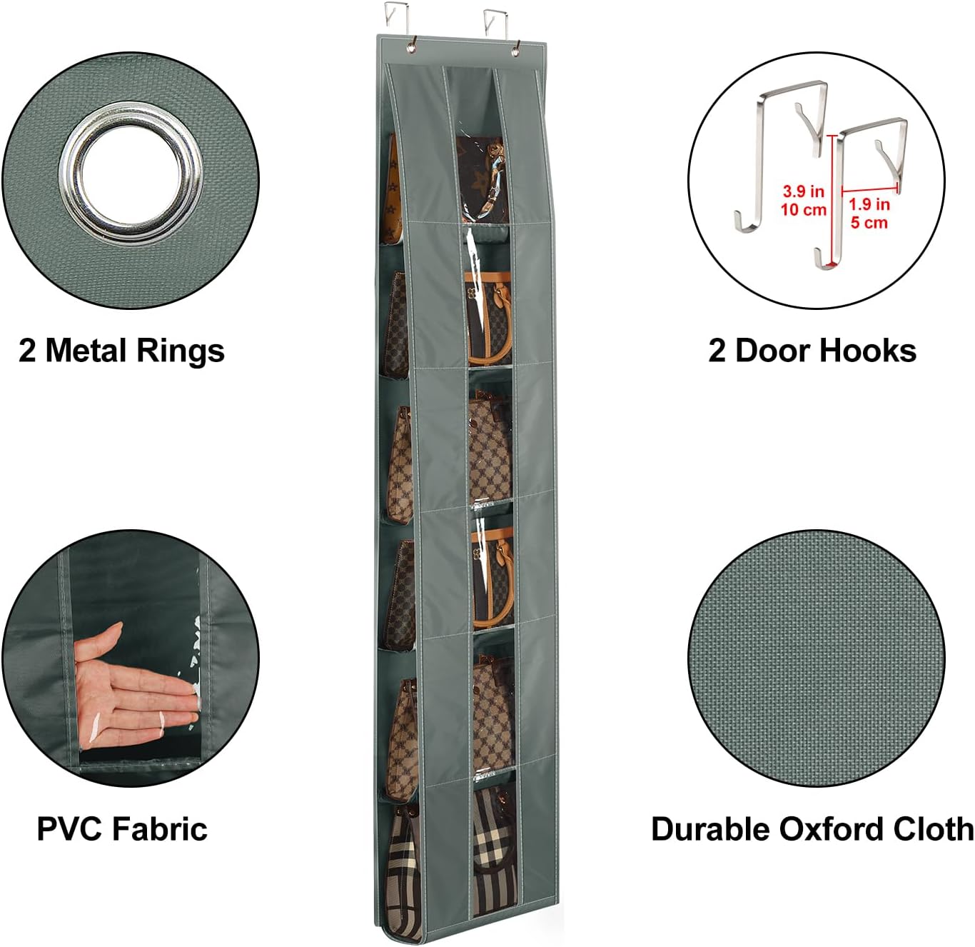 Lirex Over The Door Organizer, 2 Pack Handbag Storage with 6-Tier Space-Saving for Door or Closet, Handbag Hanger, Dark Grey