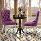 Velvet Upholstered Dining Chairs Set of 2, Modern Kitchen Side Chairs with Nailhead Trim and Silver Plated Leg, Metal Pulling Ring for Dining Room Living Room(Purple-Silver Plated Leg)
