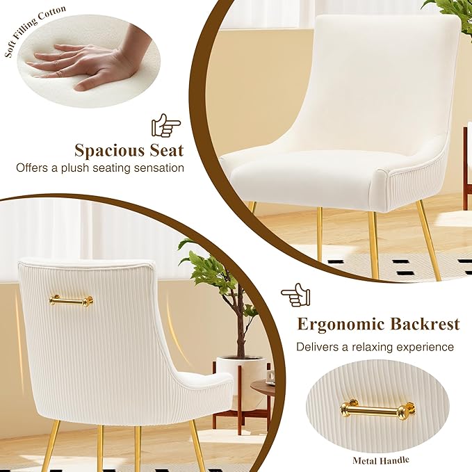 Velvet Dining Chairs Set of 2, Modern Upholstered Kitchen Chair with Pull Handle & Pleated Back, Mid Century Accent Chair with Gold Metal Legs for Vanity,Dining,Kitchen,Living Room, Beige