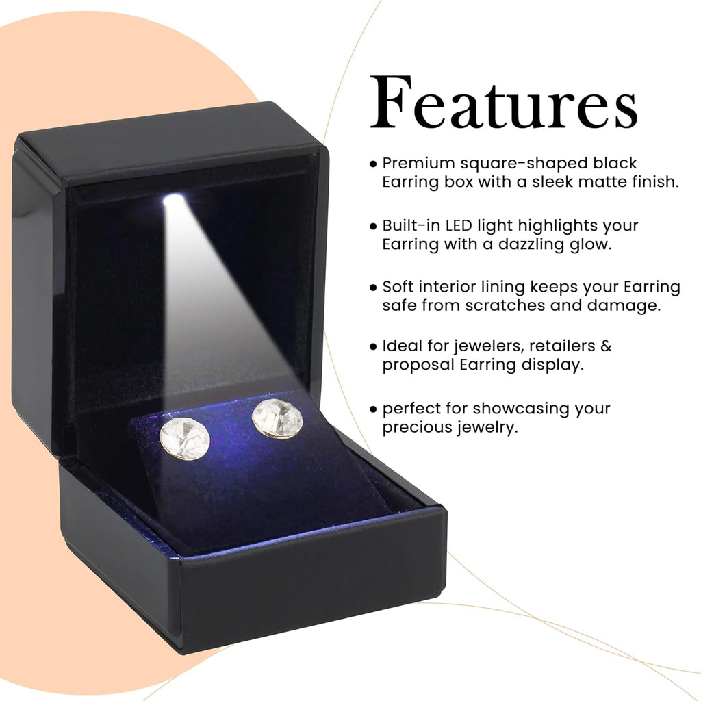Novel Box Square Shaped Black Earring Box With LED Light 2.25X2X2.5 Inches - Jewelry Earrings Case Best for Jewelry Displays - Gift Box for Mother's Day, Engagement, Anniversary & more Happy Occasions