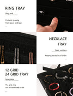 Coward Set of 5 Stackable Jewelry Organizer Tray Necklace Earring Box Storage Ring Bracelet Display Holder (Black(ring+necklace+earring+12grid))