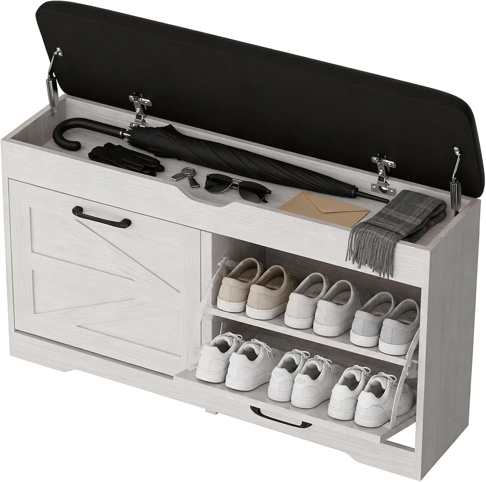 39" Shoe Storage Bench with Seat Cushion, Wood, Ash White | 8-Pair Shoe ...